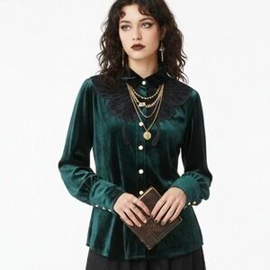 Emerald Green Velvet Butterfly Lace Blouse Large Whimsigoth Poet Top NWT